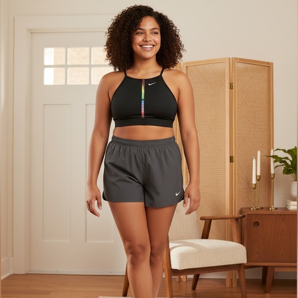 EUC NIKE Women’s Black Rainbow High Neck Padded Sports Bra & Athletic Shorts - S
